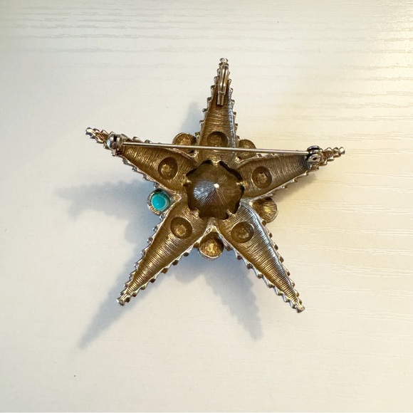 Vintage Large Star Starfish Brooch Pin Gold Tone Cabochon Turquoise Faux Pearl - Picture 3 of 8
